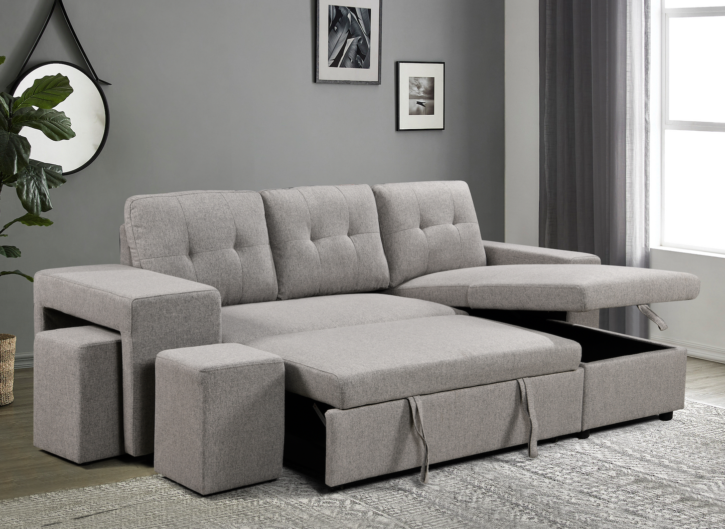 Leno Pull Out Light Grey Couch Beige Sleeper Sofa